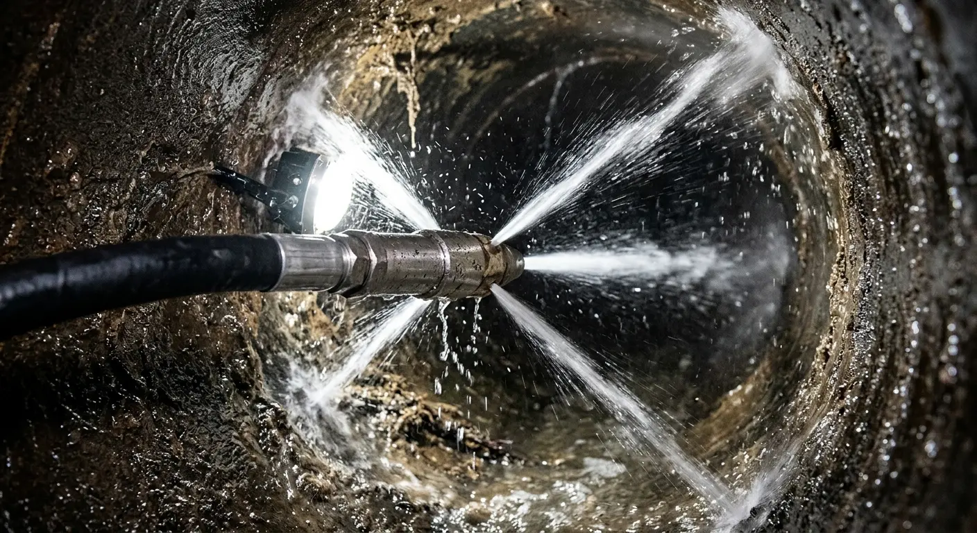 High-pressure hydro jetting nozzle cleaning sewer pipe for Emergency Drain Service in Woodstock