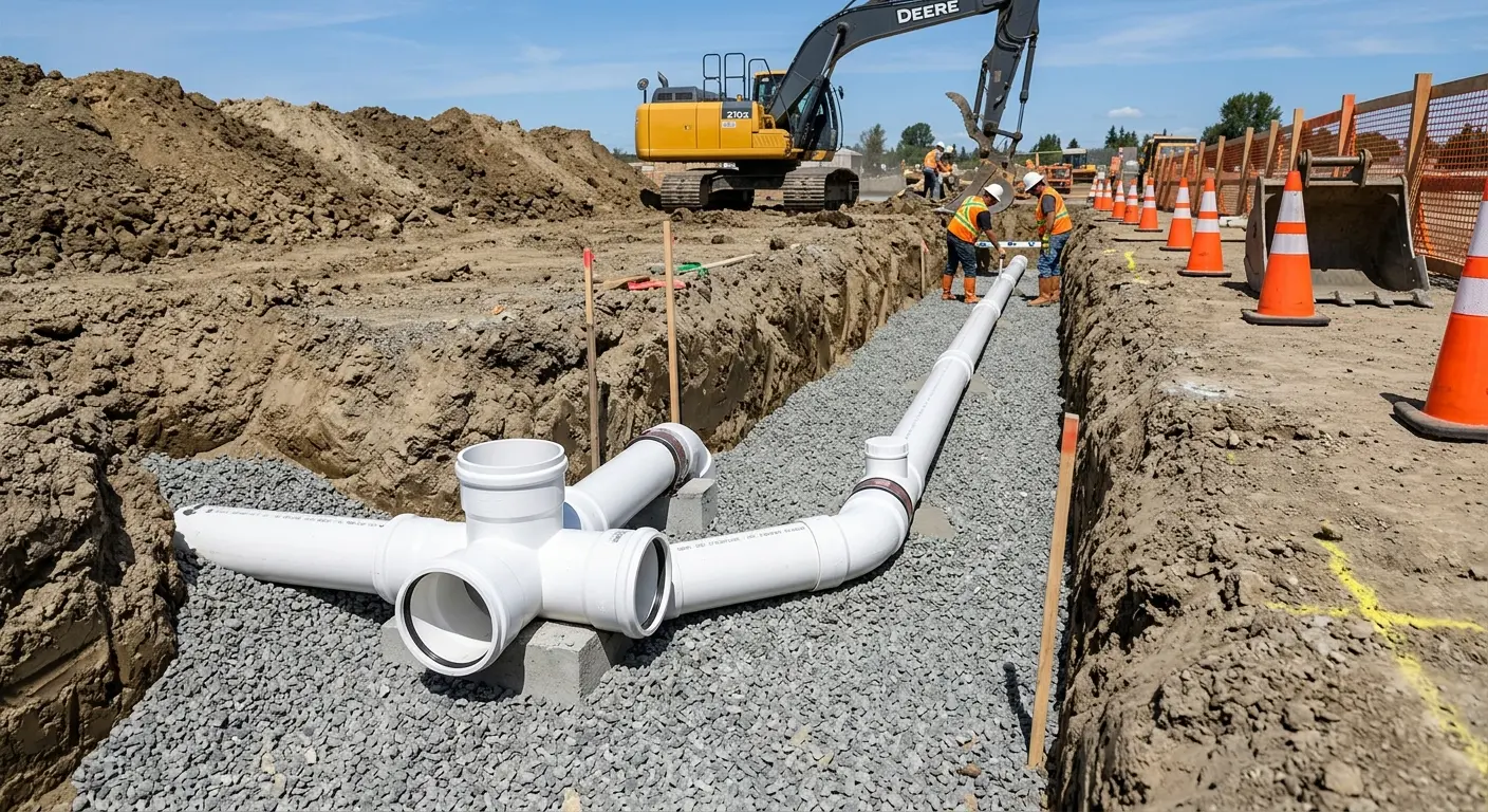 New PVC sewer pipe installation in open trench for Sewer Backup in Woodstock