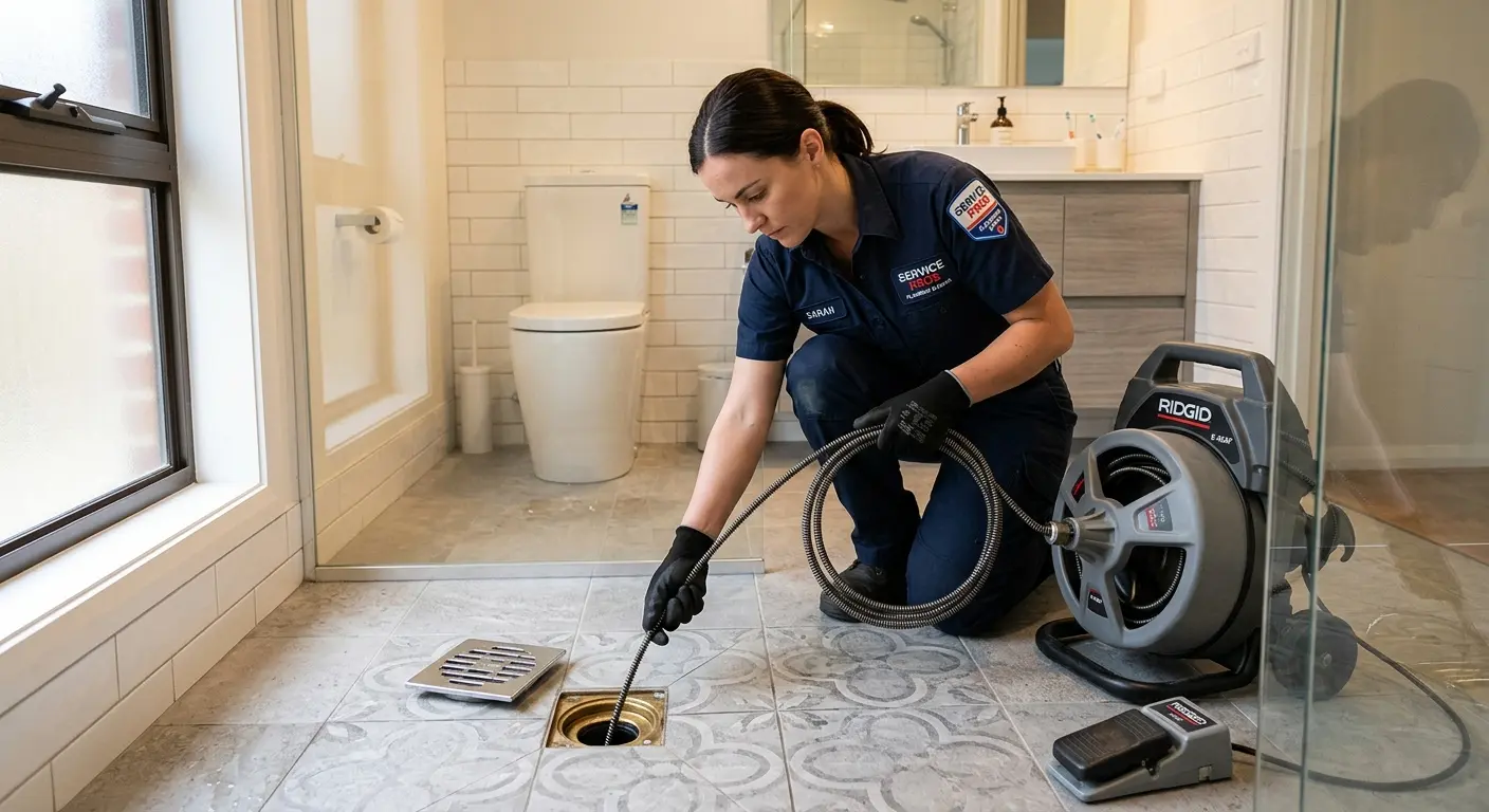 Technician clearing a bathroom floor drain for Drain Cleaning in Woodstock